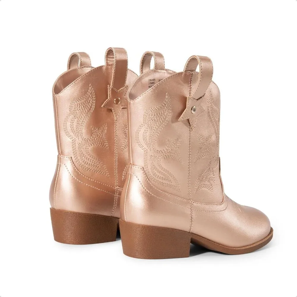 ⚡Girls Rose Gold Cowgirl Boot With Low Heel Western Embroidered Fashion Mid Calf